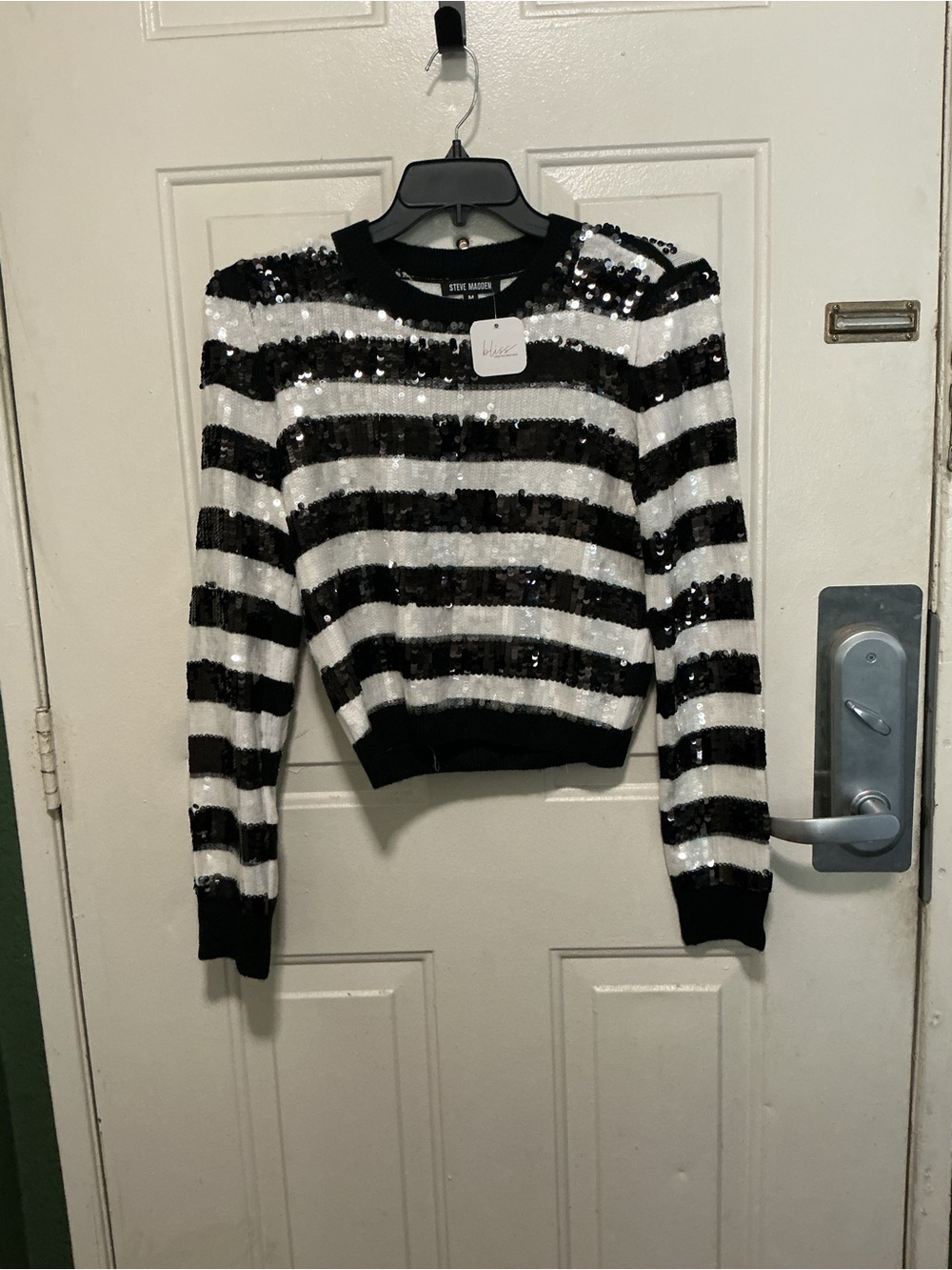 Steve Madden Black & White Sequin Striped Crew Neck Sweater